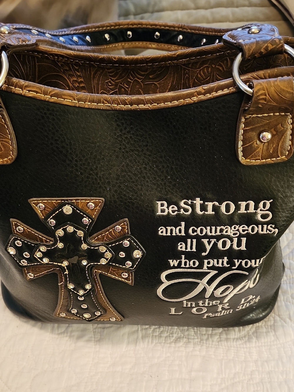 Be Strong Embellished Cross Tote Bag - Black & Brown